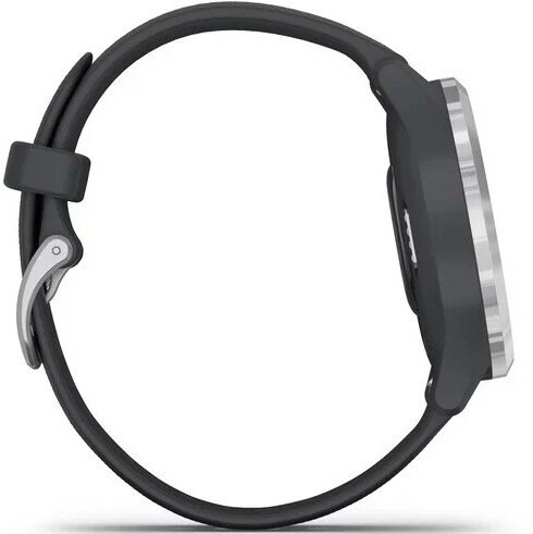 Szary smartwatch z czarnym paskiem i srebrną klamrą, widok z boku.