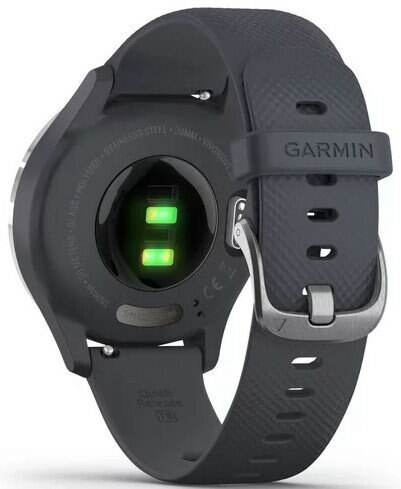 Tył szarego zegarka Garmin z czujnikiem tętna i silikonowym paskiem.