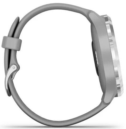 Szary smartwatch z srebrną ramką i paskiem na białym tle.