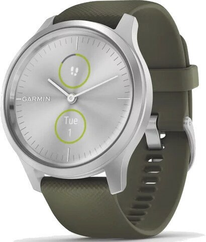 Srebrny smartwatch Garmin z zielonym paskiem, wyświetlający czas i ikony aktywności.