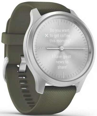 Srebrny smartwatch Garmin z zielonym paskiem. Zegarek wyświetla wiadomość na ekranie.