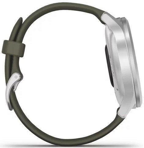 Widok z boku srebrnego smartwatcha z oliwkowozielonym paskiem.