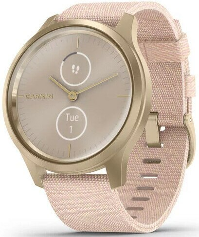 Smartwatch Garmin z jasnobrązową tarczą i paskiem. Zegarek wyświetla 'Tue 1'. Złota koperta zegarka.