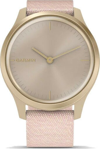 Złoty zegarek Garmin z jasnoróżowym paskiem. Tarcza jest beżowa ze złotymi wskazówkami i znacznikami. Pasek jest teksturowany.