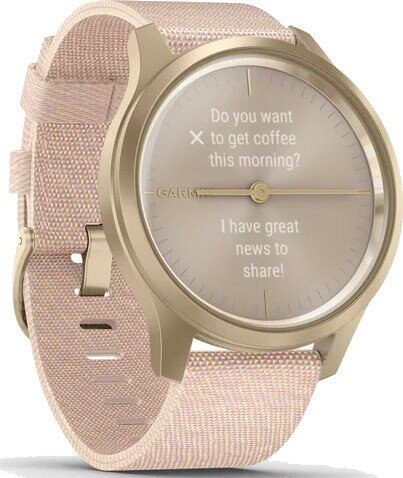 Złoty smartwatch z różowym paskiem wyświetla wiadomość: "Czy chcesz iść na kawę dzisiaj rano?" oraz "Mam wspaniałe wieści!"