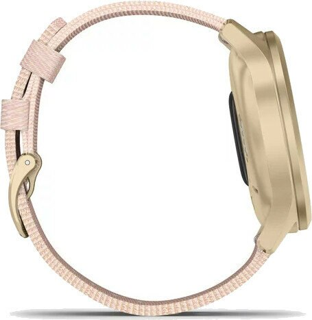 Złoty smartwatch z jasnoróżowym paskiem materiałowym pokazany z boku. Pasek jest zapętlony, a tarcza zegarka jest widoczna.