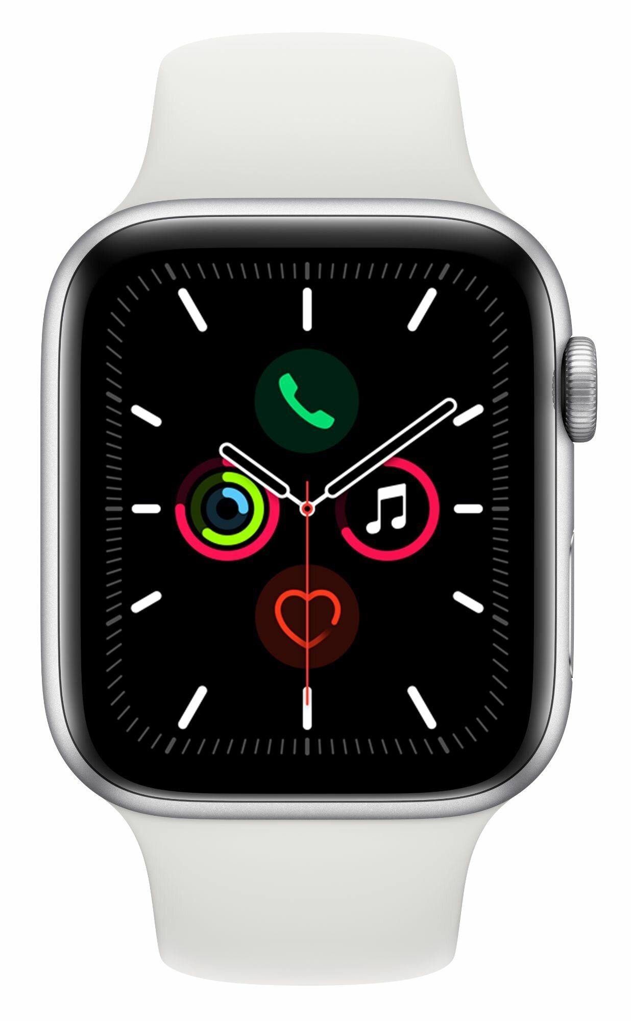 Srebrny Apple Watch z białym paskiem. Ekran wyświetla ikony aplikacji, w tym serce i nutę muzyczną.