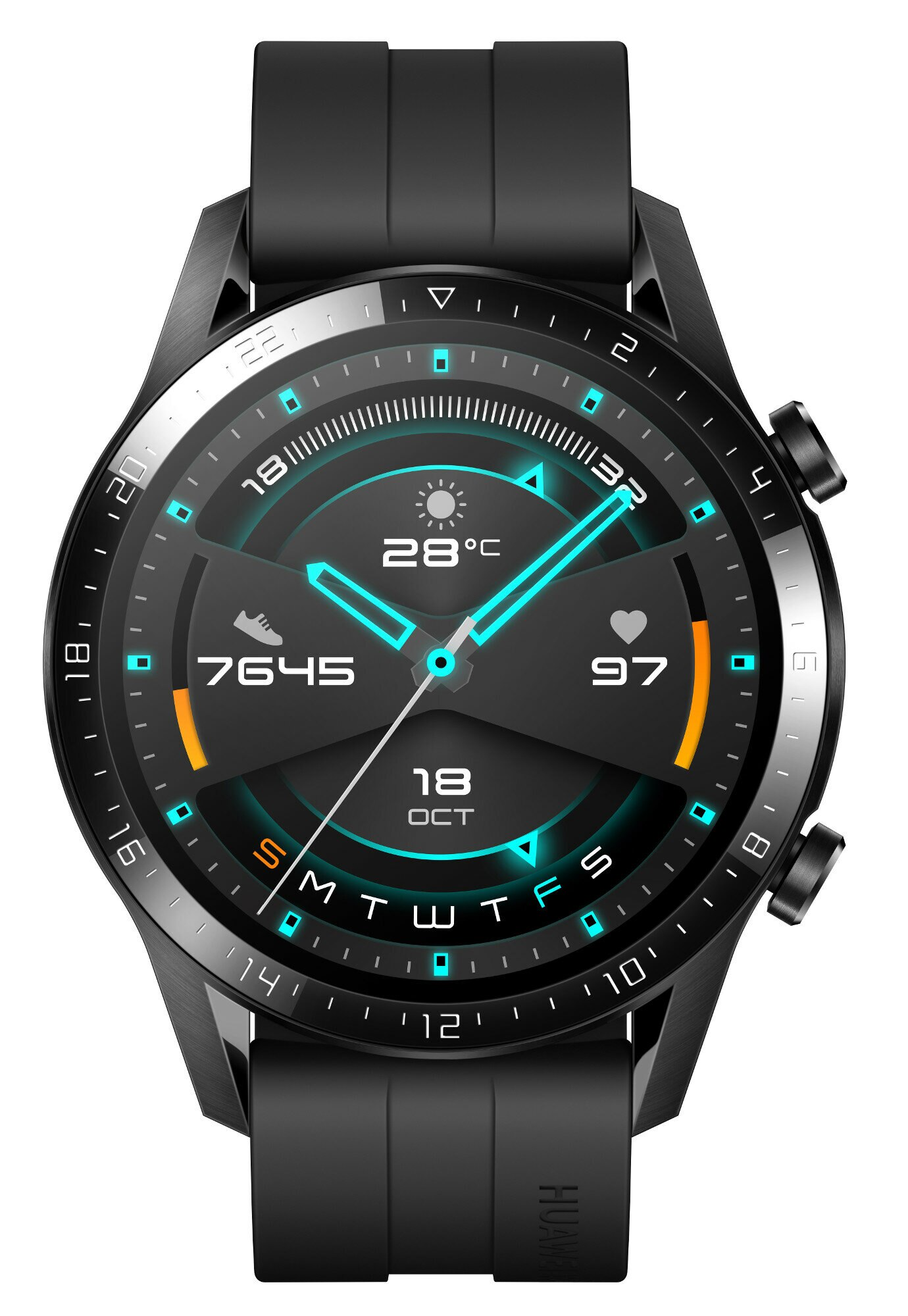 Czarny smartwatch z cyfrowym wyświetlaczem pokazuje 28°C, 7645 kroków, 97 tętna.