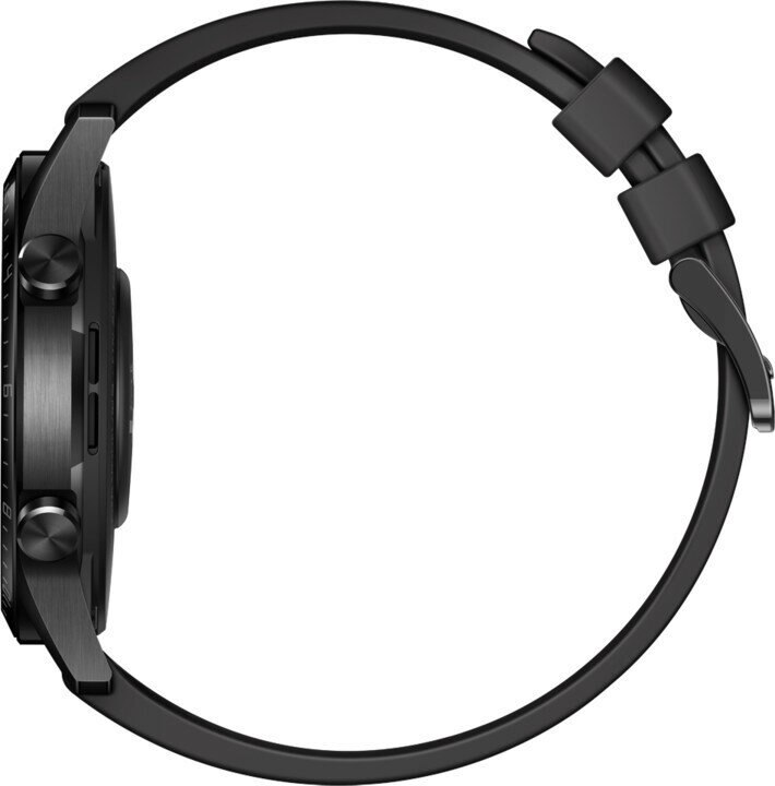 Czarny smartwatch z paskiem w profilu, srebrne przyciski i ramka.