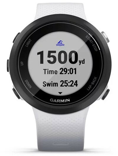 Smartwatch Garmin wyświetlający dane pływania: 1500 yd, czas 29:01, pływanie 25:24. Biały pasek, czarna ramka.