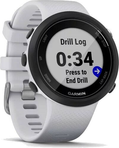 Biały zegarek Garmin z czarną ramką. Ekran wyświetla 'Drill Log' i timer.