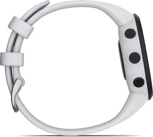 Biały smartwatch. Widok z boku. Pokazuje pasek, przyciski i krawędź tarczy.