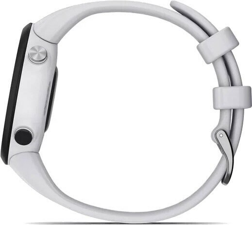 Biały smartwatch z czarnym ekranem i białym paskiem, widok z boku.