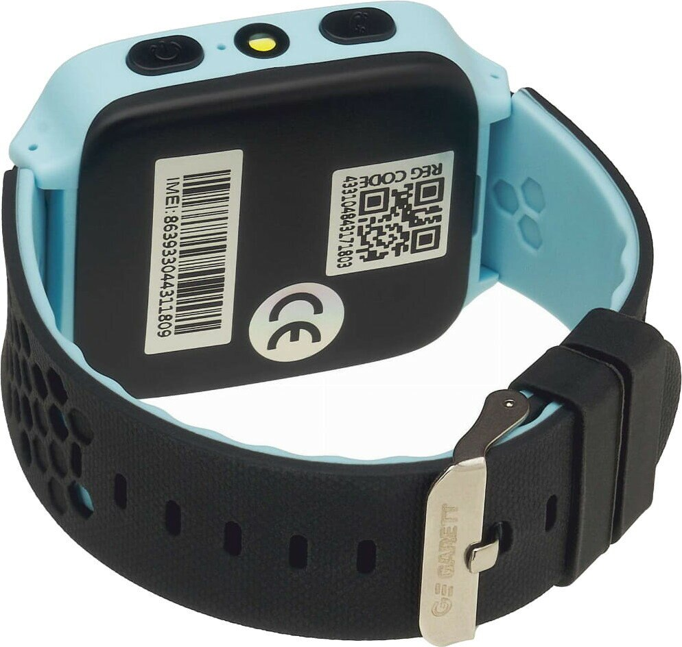 Zbliżenie jasnoniebieskiego smartwatcha z czarną opaską. Zawiera IMEI i kod QR.