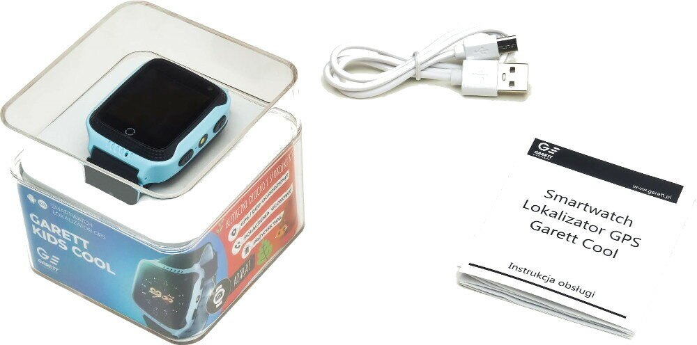 Niebieski smartwatch GPS Garett Kids Cool z kablem ładującym i instrukcją.