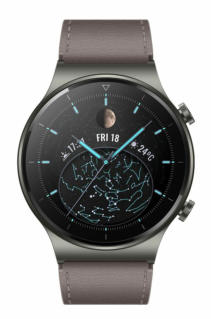 Szary smartwatch z tarczą konstelacji, datą i temperaturą.