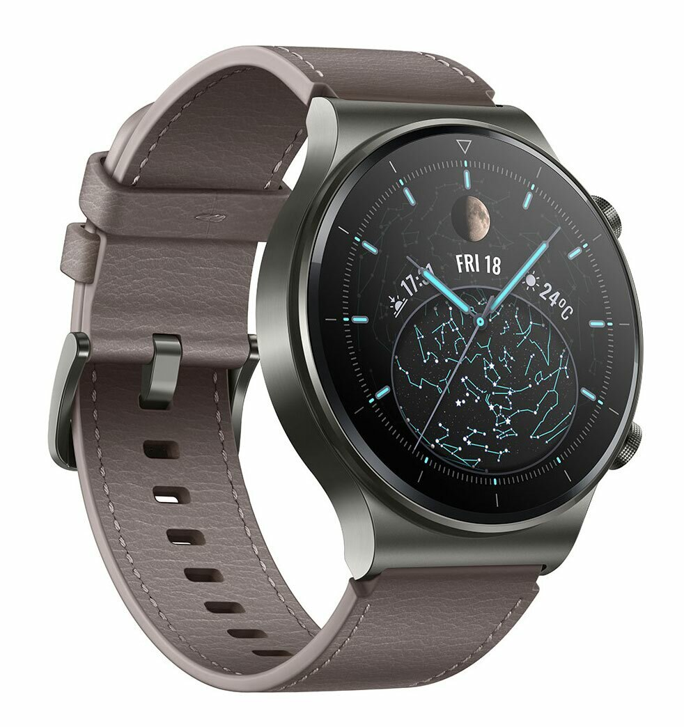 Szary smartwatch ze skórzanym paskiem i wyświetlaczem konstelacji. Godzina: 17:14, Pt 18.