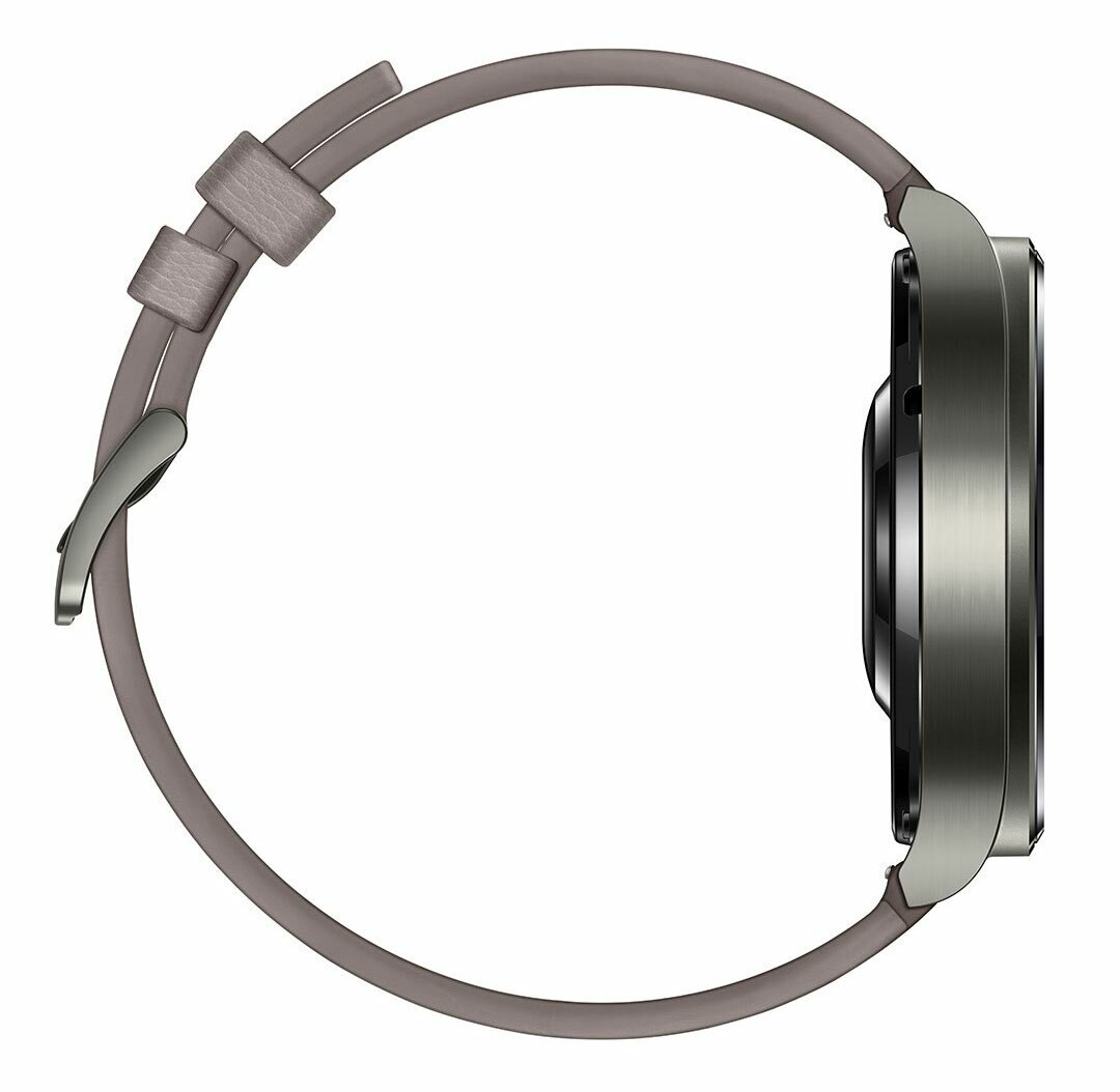 Szara bransoleta na srebrnym smartwatchu, widok z boku.