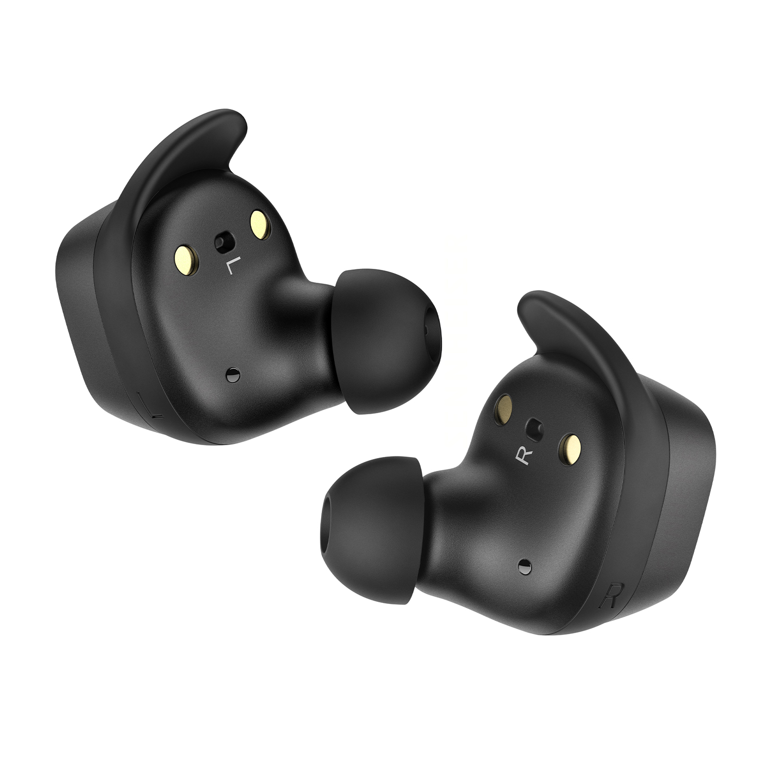 Due auricolari wireless neri con accenti dorati, sfondo bianco, vista angolata.