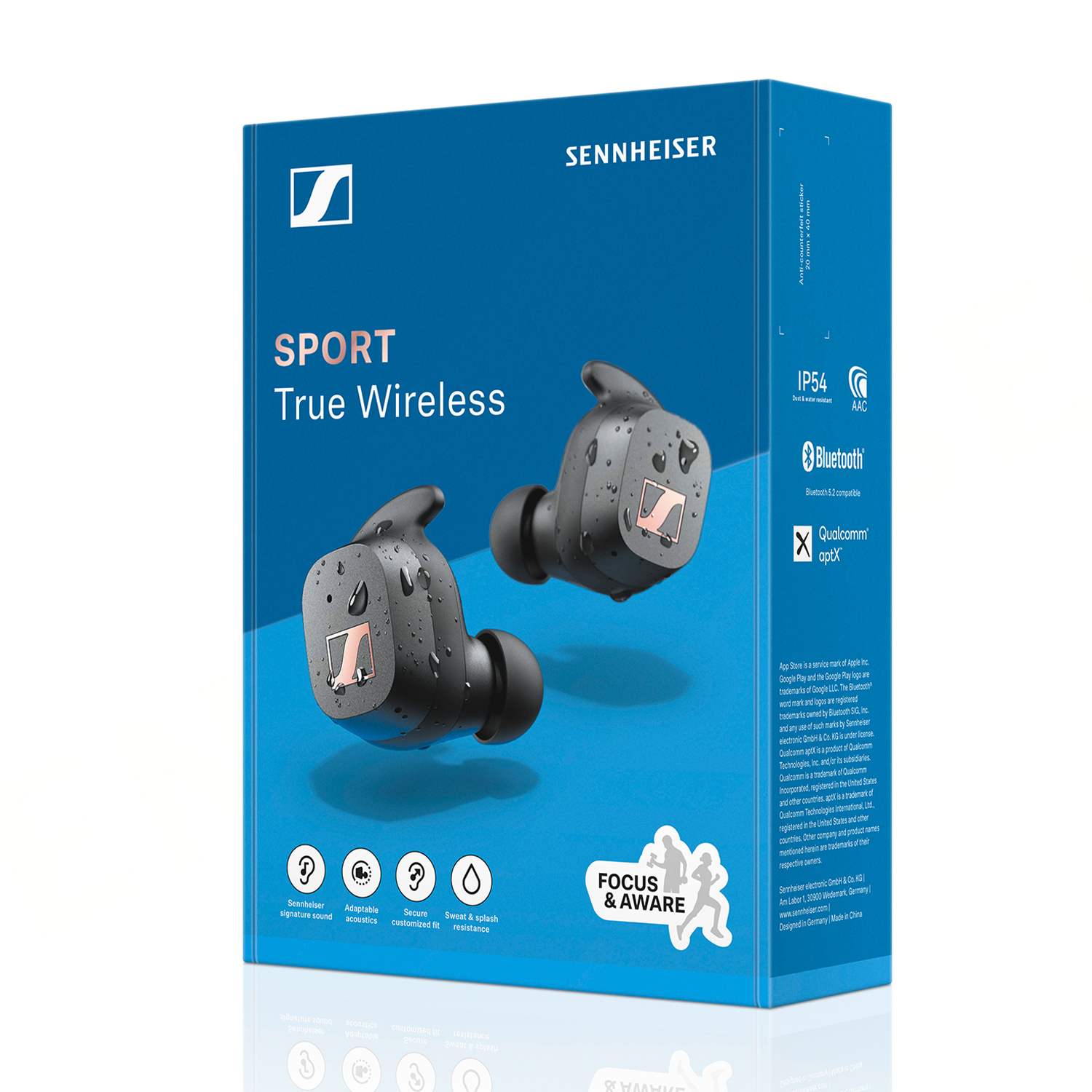 Auricolari Sennheiser Sport True Wireless in una scatola. Auricolari con goccioline d'acqua. Scatola blu.