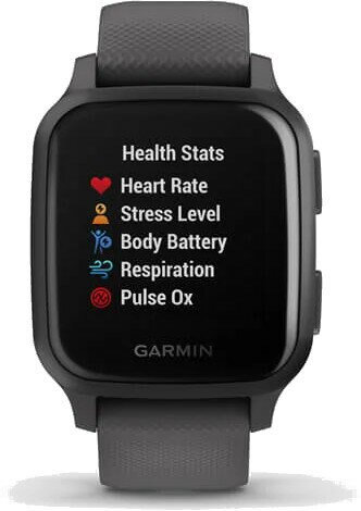 Szary smartwatch Garmin wyświetlający statystyki zdrowia: tętno, poziom stresu, bateria ciała.