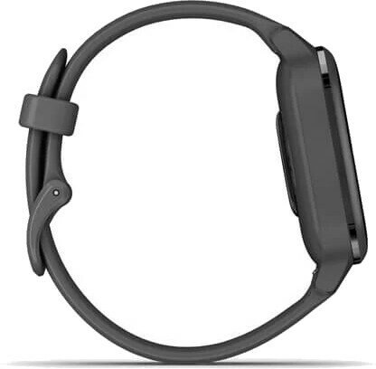 Szary smartwatch z paskiem, widok z boku. Minimalistyczny design.