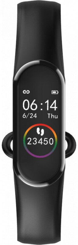 Czarna opaska fitness wyświetla godzinę, datę, kroki i stan baterii.