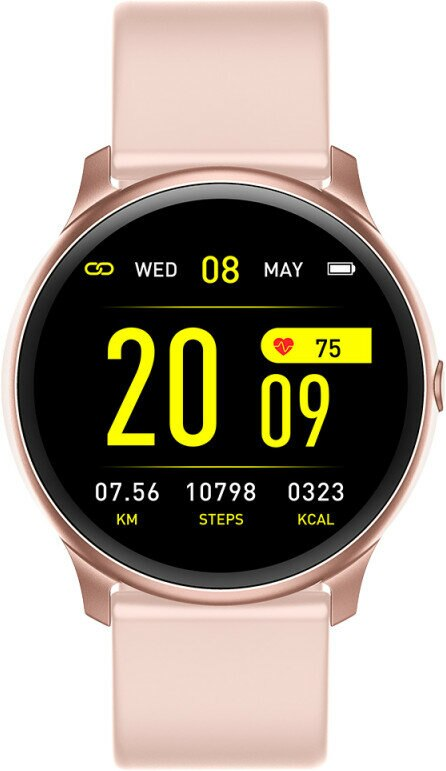 Zegarek Smartwatch w kolorze różowego złota wyświetlający godzinę, datę, kroki, tętno i spalone kalorie.