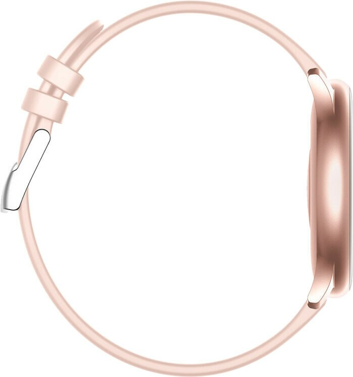 Różowy smartwatch, widok z boku, z różowym paskiem i srebrną klamrą.