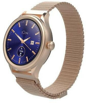 Złoty smartwatch z niebieską tarczą. Wyświetla godzinę i wskaźniki zdrowia na ekranie.