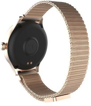 Złoty smartwatch z siatkową bransoletą, widok z tyłu pokazuje czujnik i połączenie paska.