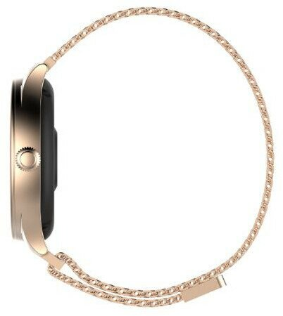 Widok z boku złotego smartwatcha ze złotą opaską na białym tle.