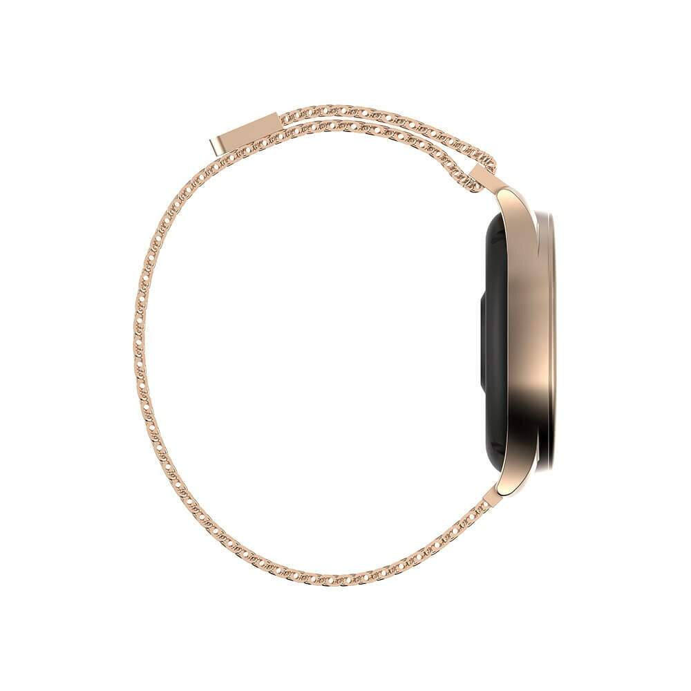 Smartwatch, widok z profilu, złoty kolor z paskiem w kształcie łańcucha.