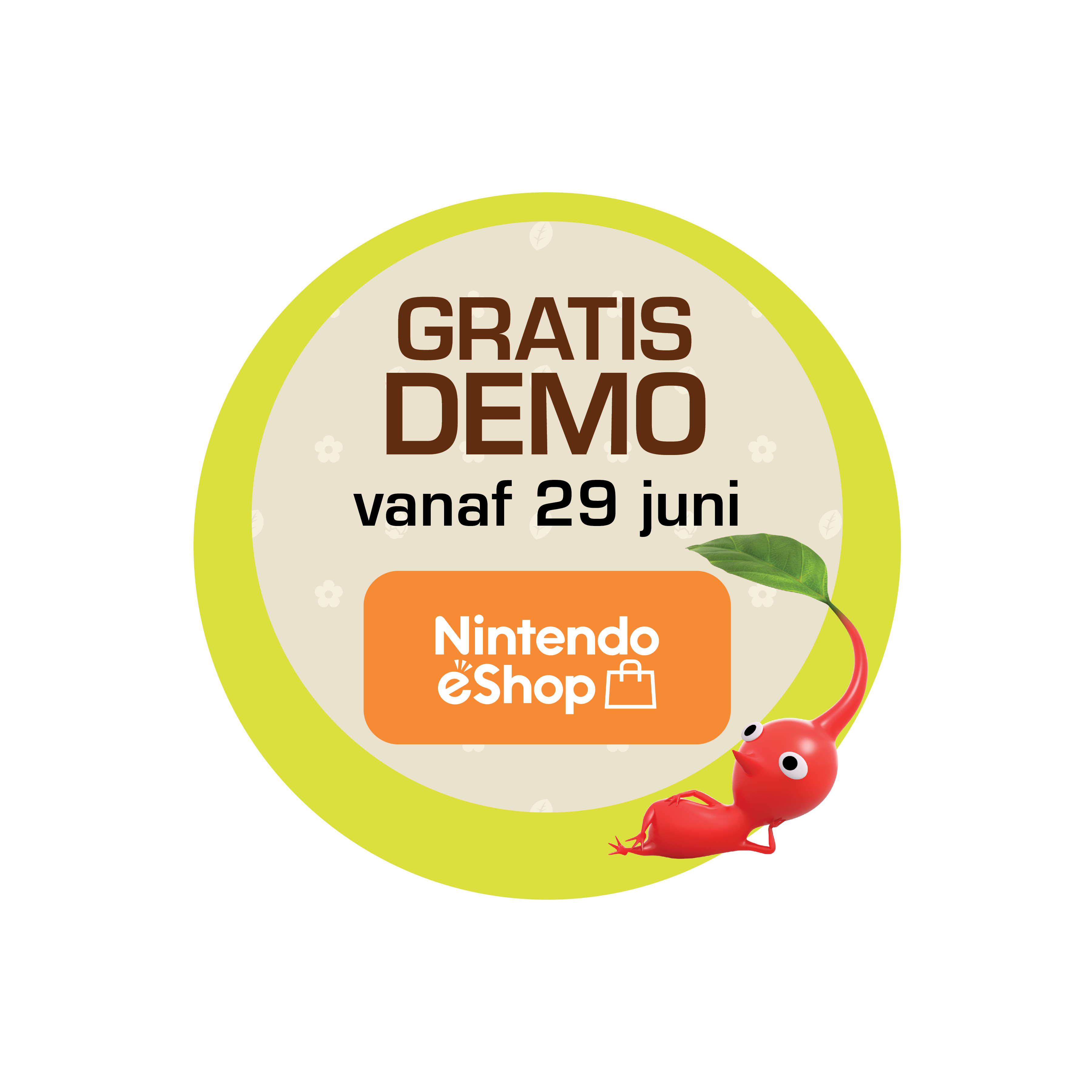 Circular graphic with the words "GRATIS DEMO" and "Nintendo eShop", with a red Pikmin.
