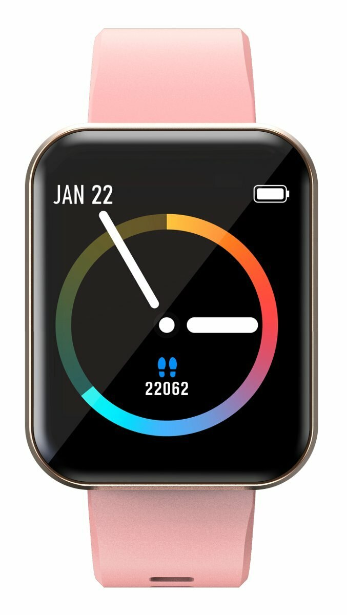 Różowy smartwatch ze złotą ramką wyświetla 22 sty, baterię, kroki i kolorowy pierścień.