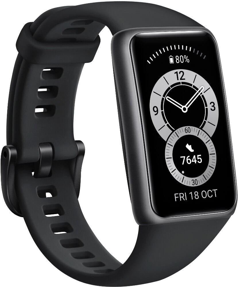 Czarna opaska z cyfrowym wyświetlaczem, 80% baterii, 7645 kroków.