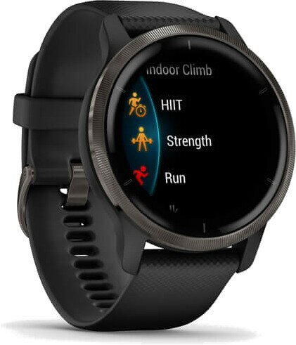 Czarny smartwatch wyświetla opcje wspinaczki, HIIT, siły i biegu.