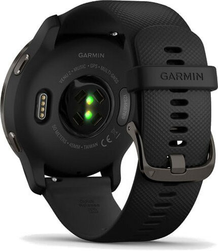 Tył czarnego smartwatcha Garmin z czujnikami i czarnym paskiem.