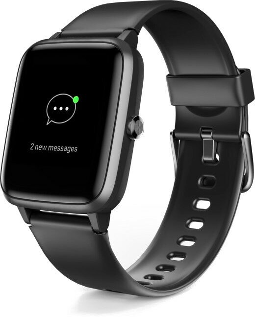 Czarny smartwatch wyświetla ikonę wiadomości z 2 nowymi wiadomościami. Zegarek ma czarny pasek i srebrną klamrę.