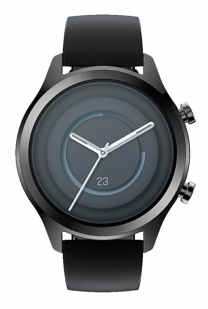 Czarny smartwatch z ciemną tarczą, pokazujący datę 23. Zegarek ma czarny pasek.