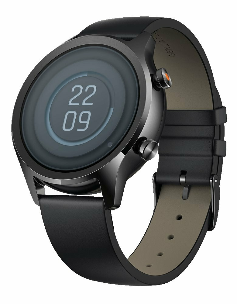 Czarny smartwatch z okrągłym wyświetlaczem. Zegarek pokazuje godzinę i ma dwa przyciski.