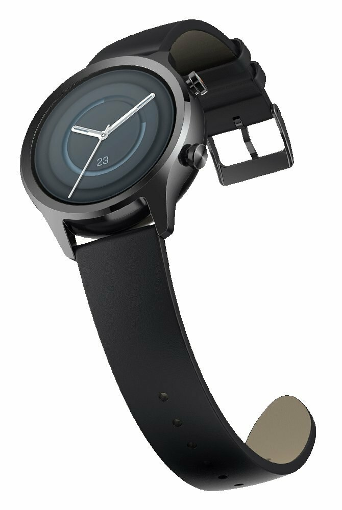 Czarny smartwatch z paskiem skórzanym, wyświetlający godzinę i datę. Pasek jest odłączony.
