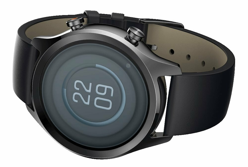 Czarny smartwatch z okrągłym wyświetlaczem, czarnym paskiem i dwoma przyciskami z boku.