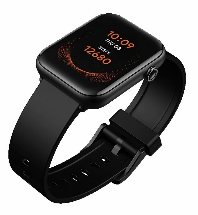 Czarny smartwatch z ekranem dotykowym, pokazujący godzinę i kroki.