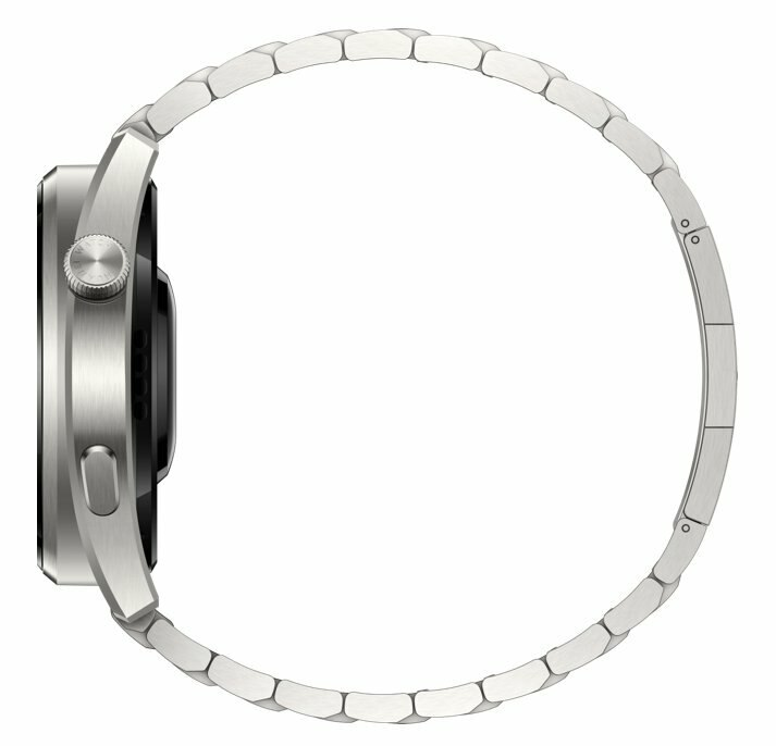 Srebrna bransoleta smartwatch z prostokątnymi ogniwami, zakrzywiona wokół srebrnej koperty zegarka.