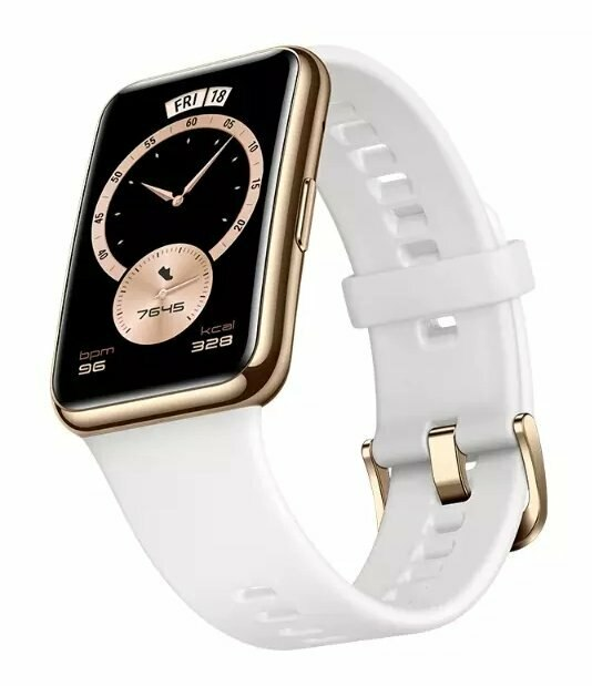 Złoty smartwatch z białym paskiem i czarnym wyświetlaczem.