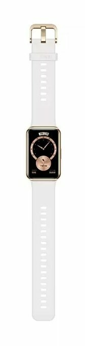 Biały smartwatch ze złotą kopertą i czarną tarczą.
