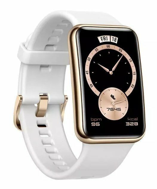 Biały smartwatch ze złotą ramką wyświetla czas, kroki i kalorie.