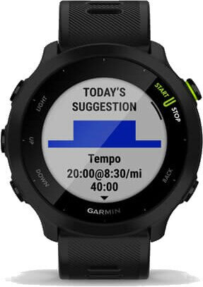 Czarny zegarek Garmin z wyświetlaczem pokazującym dzisiejszą sugestię tempa i dane treningowe.