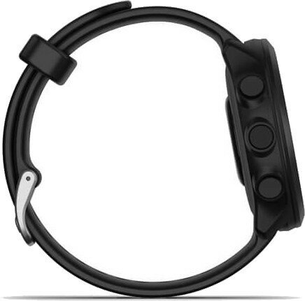 Czarny smartwatch z boku. Czarny pasek, okrągła tarcza z przyciskami. Czarno-szary design.